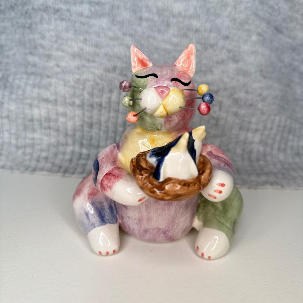 Vintage 2002 Amy Lacombe for Enesco Pink Cat Figurine Bird Nest Whimsiclay